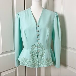 Vintage 60s 'Charles Carroll Inc.' Peplum Blazer Pearl Buttons-Turquoise-Size 12